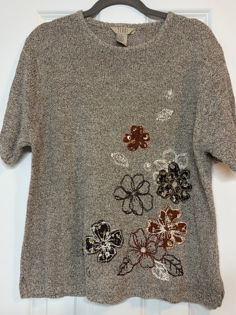 Teddi Short Sleeve Gray Knit Tee with Multi Floral Embellishments